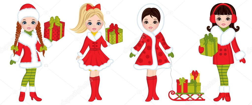 Vector Beautiful Young Girls with Christmas Gifts