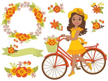 Vektör romantik Set güzel Afro-Amerikan kız, Bisiklet ve sonbahar çiçekler