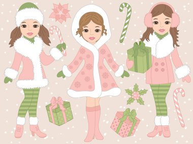 Güzel kızlar ve Xmas hediye ile vektör Noel Set