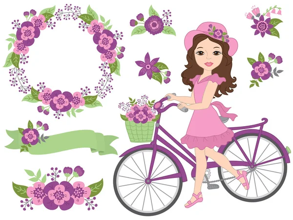 Ρομαντικό σετ διάνυσμα με όμορφη κοπέλα, ποδηλάτων και μοβ λουλούδια — Διανυσματικό Αρχείο