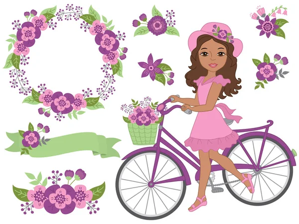 Set romantico vettoriale con bella ragazza afroamericana, bicicletta e fiori viola — Vettoriale Stock