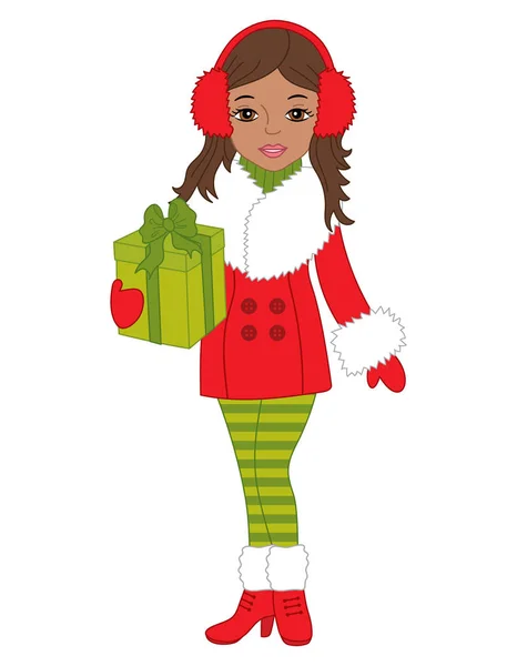 Vector Beautiful African American Girl with Christmas Gift Box — Stock Vector