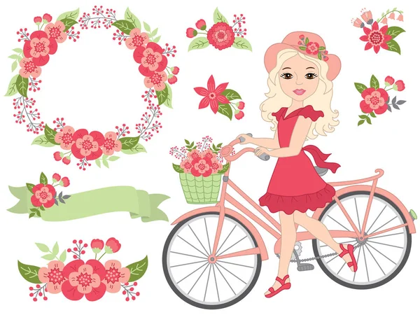 Vector romantisk uppsättning med vacker flicka-, cykel- och rosa blommor — Stock vektor