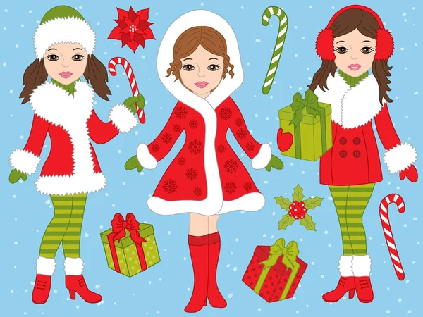 Wektor zestaw Boże Narodzenie z pięknych dziewczyn i prezenty świąteczne — Wektor stockowy