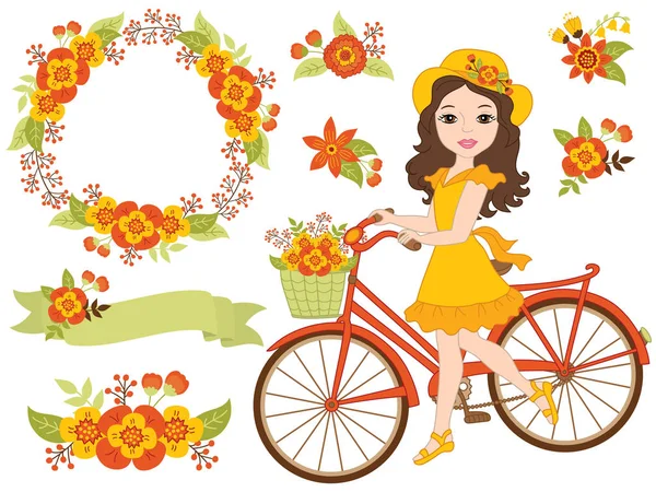 Ρομαντικό σετ διάνυσμα με όμορφη κοπέλα, ποδηλάτων και φθινοπωρινά λουλούδια — Διανυσματικό Αρχείο