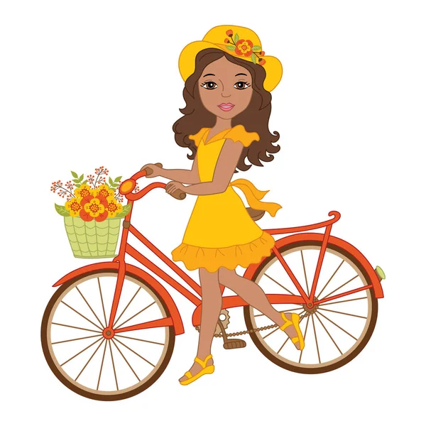 자전거와 함께 아름 다운 아프리카계 미국인 여자 벡터 — 스톡 벡터
