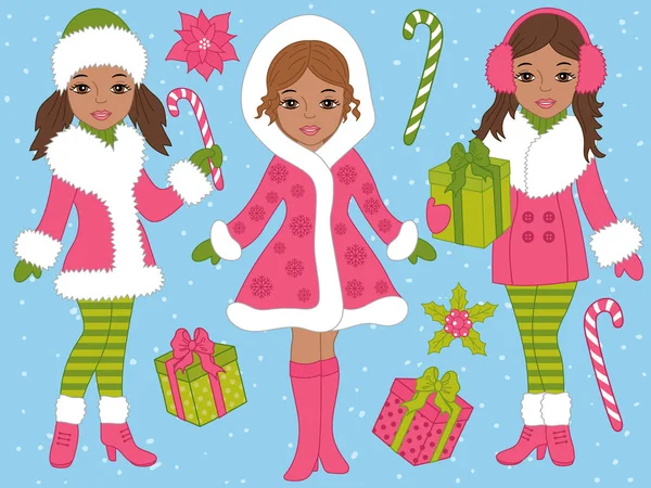 Set di Natale vettoriale con belle ragazze afroamericane e regali di Natale — Vettoriale Stock