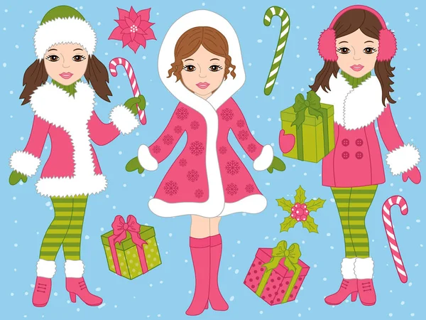 Güzel kızlar ve Xmas hediye ile vektör Noel Set