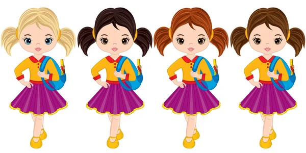 Vektör sevimli küçük kız okul çantaları ile