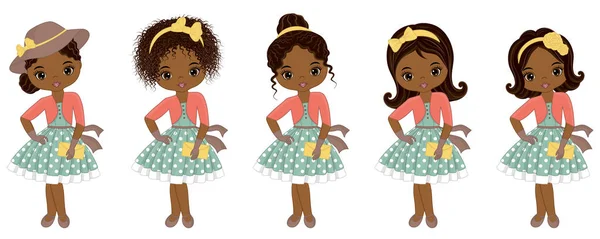 Vector Cute Little chicas afroamericanas en estilo retro — Vector de stock