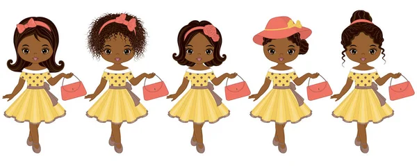 Vector Cute Little African American Girls in Retro Style — Stock Vector