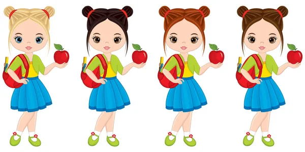 Vector lindo niñas con escuela bolsas y manzanas — Vector de stock
