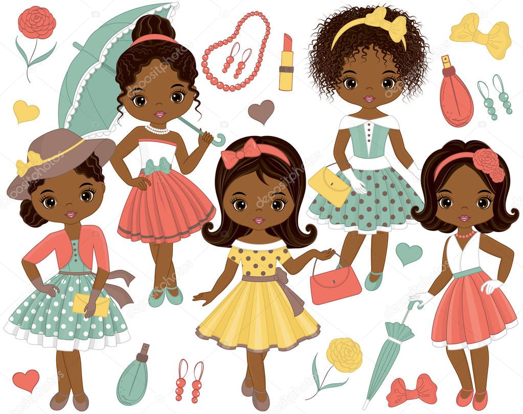 Vector Set with Cute Little African American Girls in Retro Style