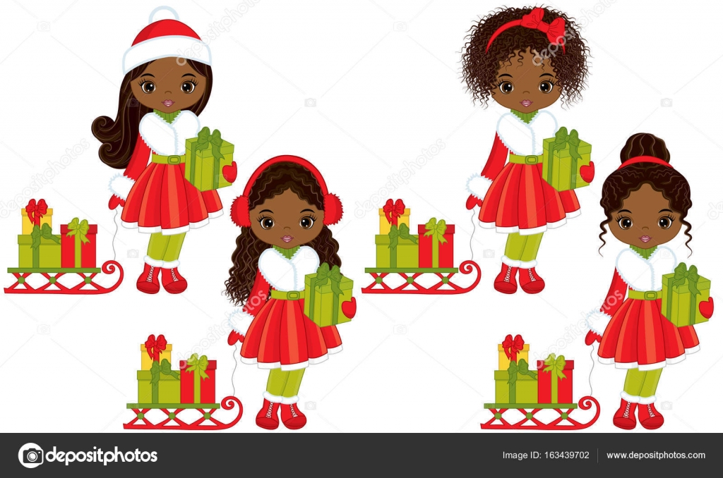 Vector cute little African American girls with Christmas gifts and sledges. Vector African American girls with various hairstyles. Christmas girls vector ...