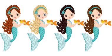 Vektör şirin küçük denizkızı balık ile. Vektör Mermaids 
