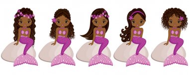 Taşlar üzerinde oturan vektör şirin küçük deniz kızları. Vektör Afro-Amerikan deniz kızları 