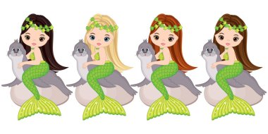 Vektör kürk fokları ile şirin küçük denizkızı. Vektör Mermaids 