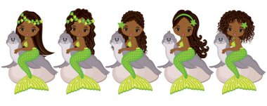 Vektör kürk fokları ile şirin küçük denizkızı. Vektör Afro-Amerikan deniz kızları 