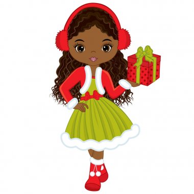 Noel hediyeleri ile küçük Afrikalı-Amerikalı kız vektör 