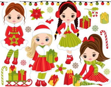 Vektör Noel ve yeni yıl Set küçük kızlarla