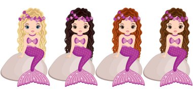 Taşlar üzerinde oturan vektör şirin küçük deniz kızları. Vektör Mermaids 