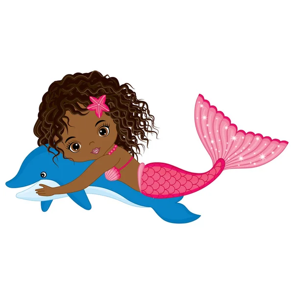 Vector Cute Little Mermaid Natação com golfinho. Vector sereia afro-americana —  Vetores de Stock