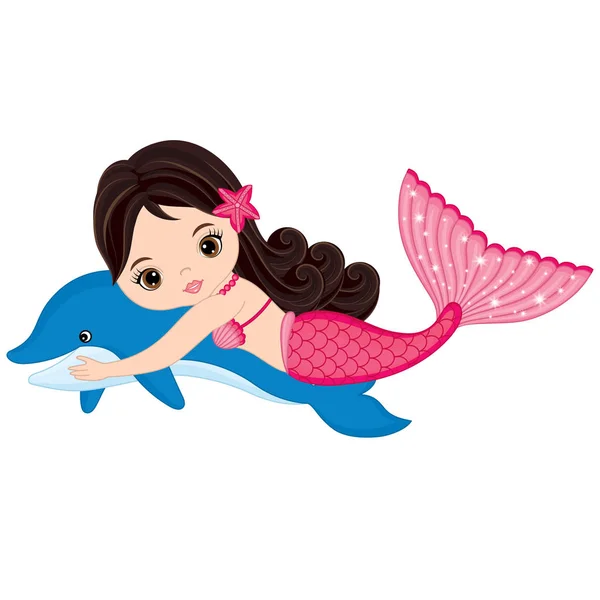 Vector Cute Little Mermaid Swimming with Dolphin — Stock Vector