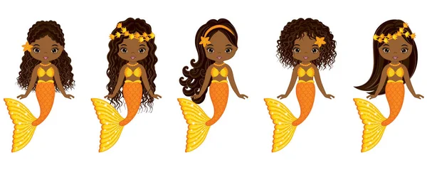 Vector Aranyos kis Mermaids úszás. Vektor afro-amerikai sellők — Stock Vector