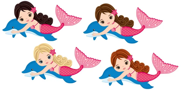 Vektör şirin küçük deniz kızları yunuslarla yüzmek. Vektör Mermaids 