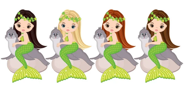 Vector sirenas lindas con sellos de piel. Vector Sirenas — Archivo Imágenes Vectoriales