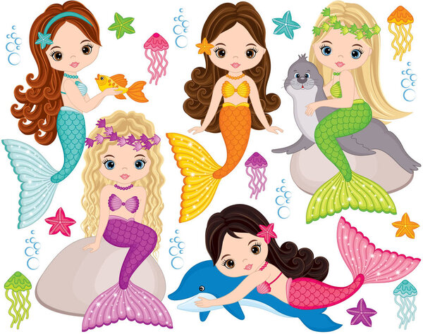 Vector Cute Little Mermaids with Marine Animals. Vector Mermaids and Sea Animals