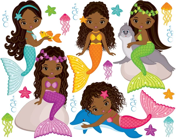 Vector Cute Little Mermaids with Marine Animals. Vector African American Mermaids — Stock Vector