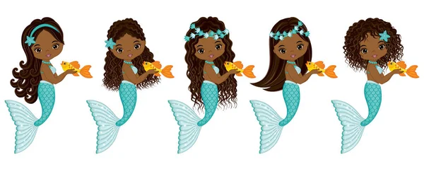 Vector Cute Little Mermaids. Vector African American Mermaids — Stock Vector