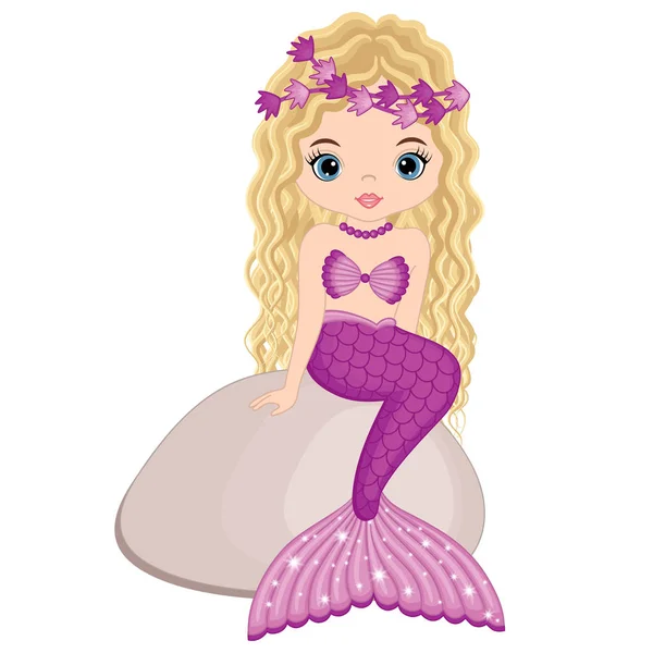 Vector Cute Little Mermaid Sitting on Stone — Stock Vector