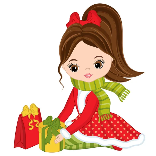 Vector Little Girl with Christmas Gifts — Stock Vector