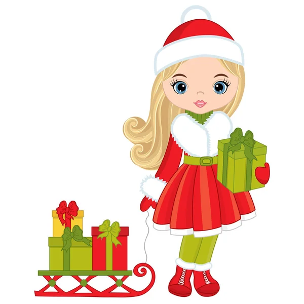 Vector Little Girl with Christmas Gifts and Sledges — Stock Vector