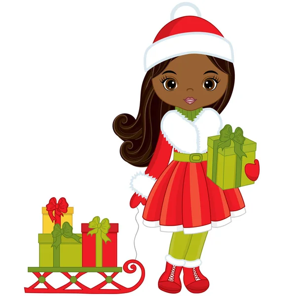 Vettoriale bambina afroamericana con regali di Natale e slitte — Vettoriale Stock