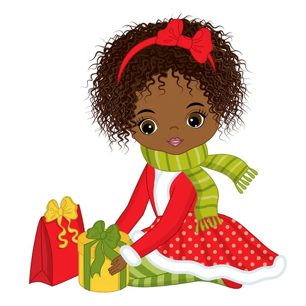 Vector pequena menina afro-americana com presentes de Natal — Vetor de Stock
