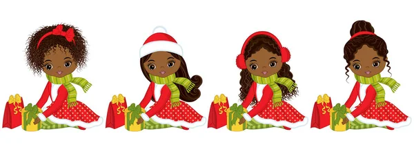 Vector Little chicas afroamericanas con regalos de Navidad — Vector de stock