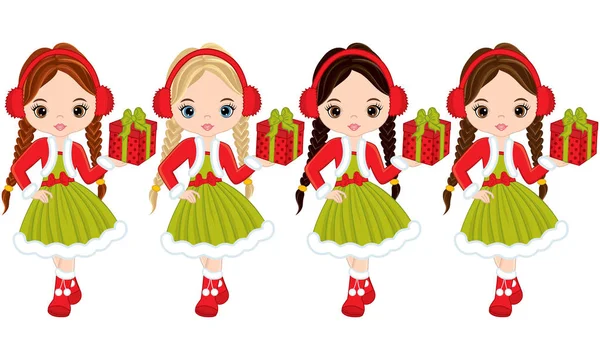 Petites filles vectorielles avec cadeaux de Noël — Image vectorielle