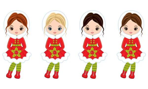 Vector Little Girls with Christmas Red Berries — Stock Vector
