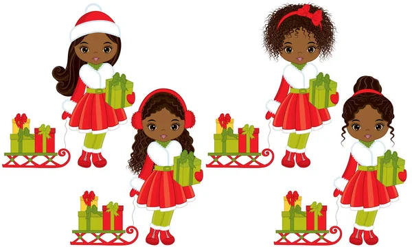 Wektor African American dziewczynki z prezenty świąteczne i sanki — Wektor stockowy