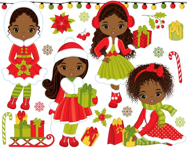 Natale vettoriale e Capodanno con le bambine afroamericane — Vettoriale Stock