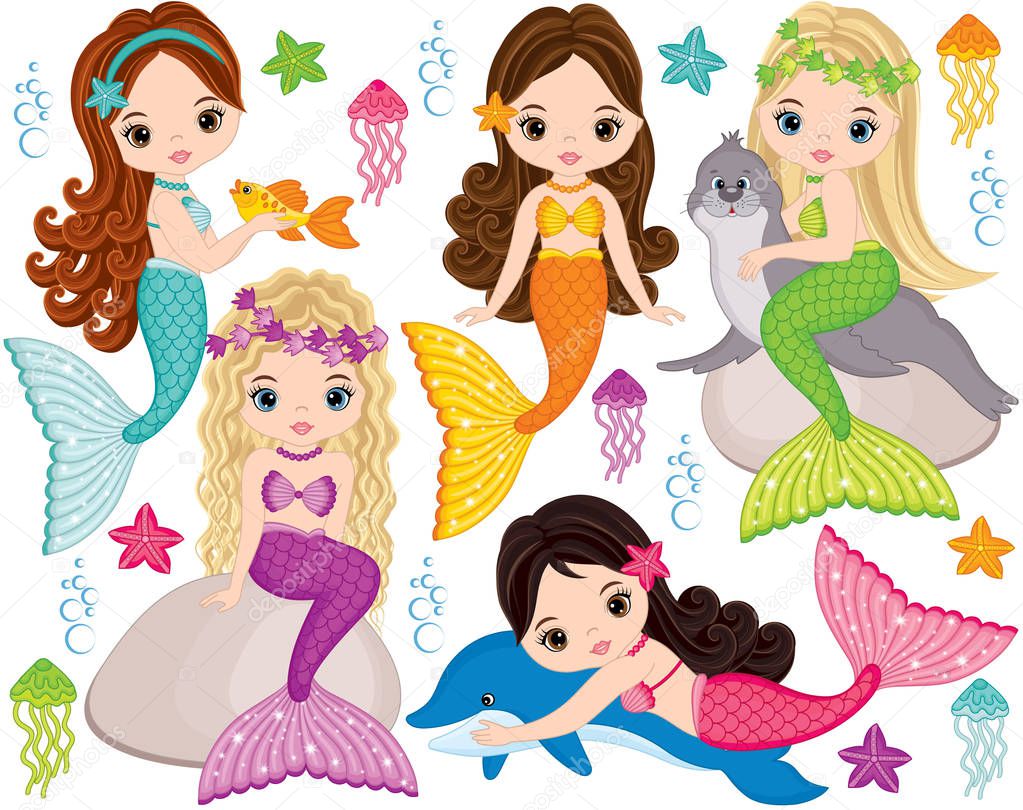 Vector lindo poco a las sirenas con animales marinos. Sirenas de