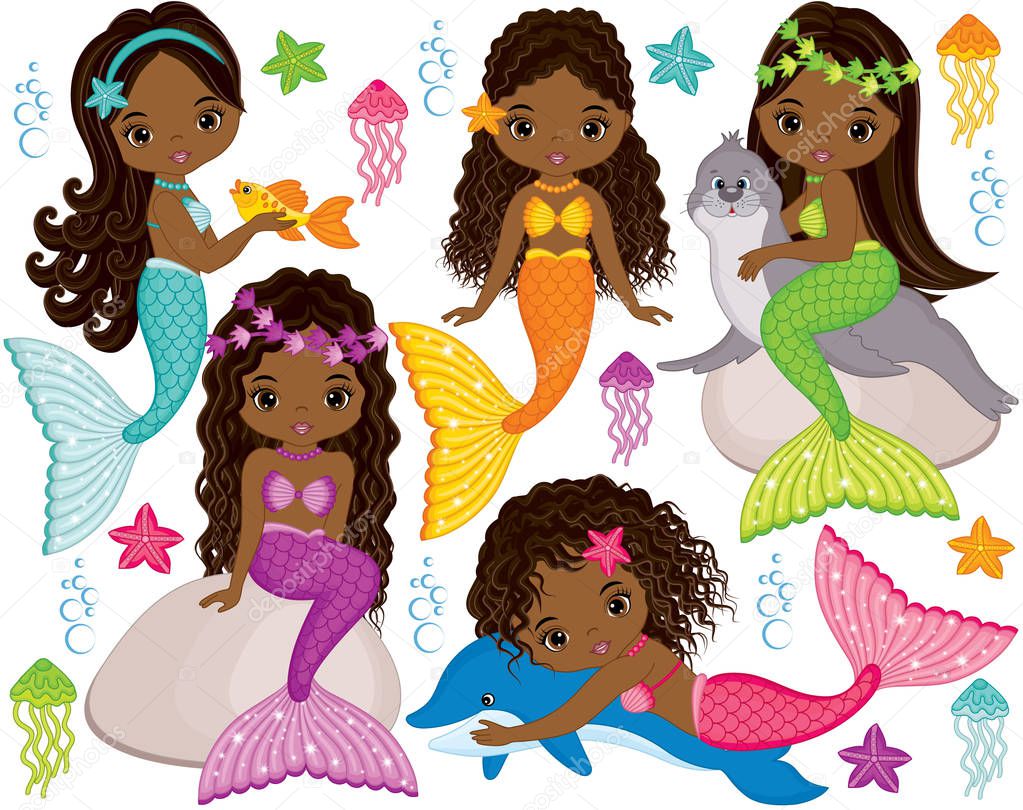 Vector Cute Little Mermaids with Marine Animals. Vector African American Mermaids 