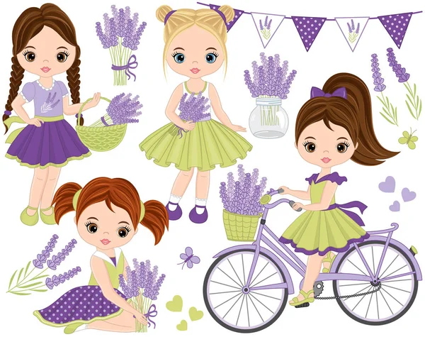 Set de Vector Lavanda con Niña, Bicicleta y Bunting — Vector de stock