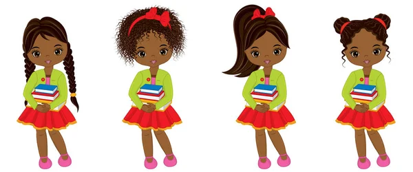 Vector Cute Little African American Girls with Books — Stock Vector