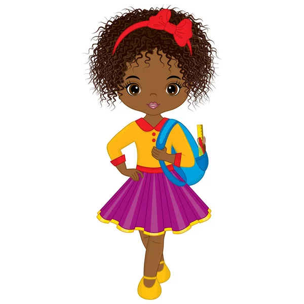 Διάνυσμα χαριτωμένο αφρικανική αμερικανική κοριτσάκι με σχολική τσάντα — Διανυσματικό Αρχείο