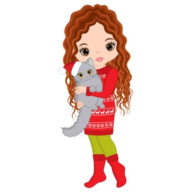 Vektör ile kedi sevimli küçük kız. Vektör Christmas Girl
