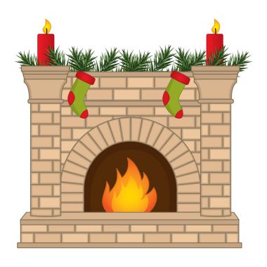 Vektör Noel şömine, çorap ve mumlarla süslenmiş
